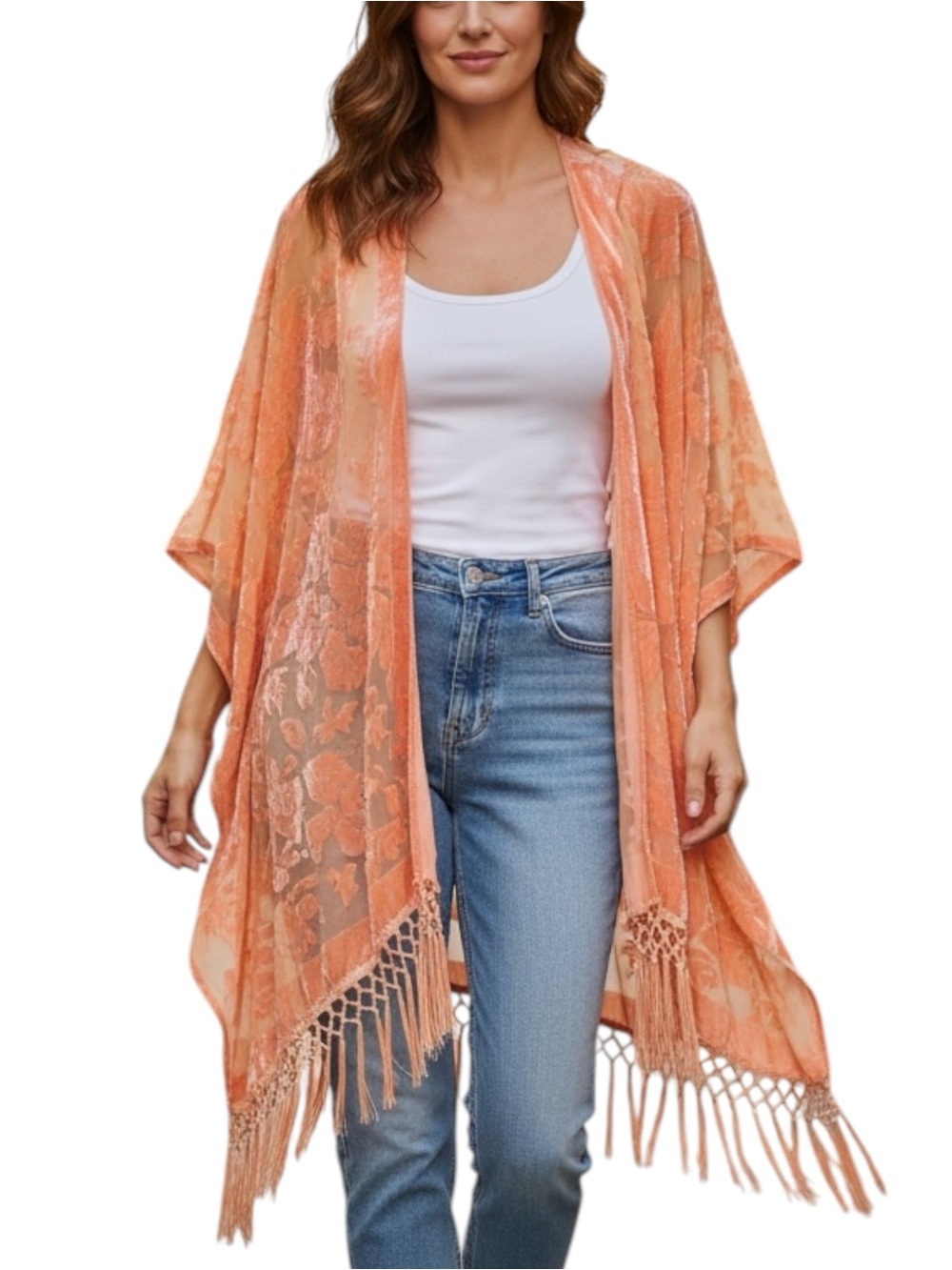 Marcus Adler Peach Velvet Burnout Kimono w/ Fringe Tassel Details - One Size